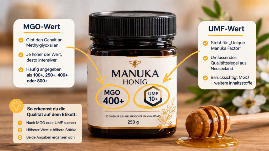 Manuka Honig Glas mit MGO und UMF Werten auf dem Etikett erklärt