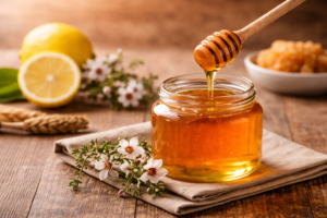 Manuka Honig im Glas mit Honiglöffel