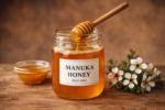 Manuka Honig im Glas mit Honiglöffel und Blüten – hochwertiger Honig aus Neuseelandland