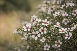 Blüten der Manuka-Pflanze (Leptospermum scoparium) in natürlicher Umgebung